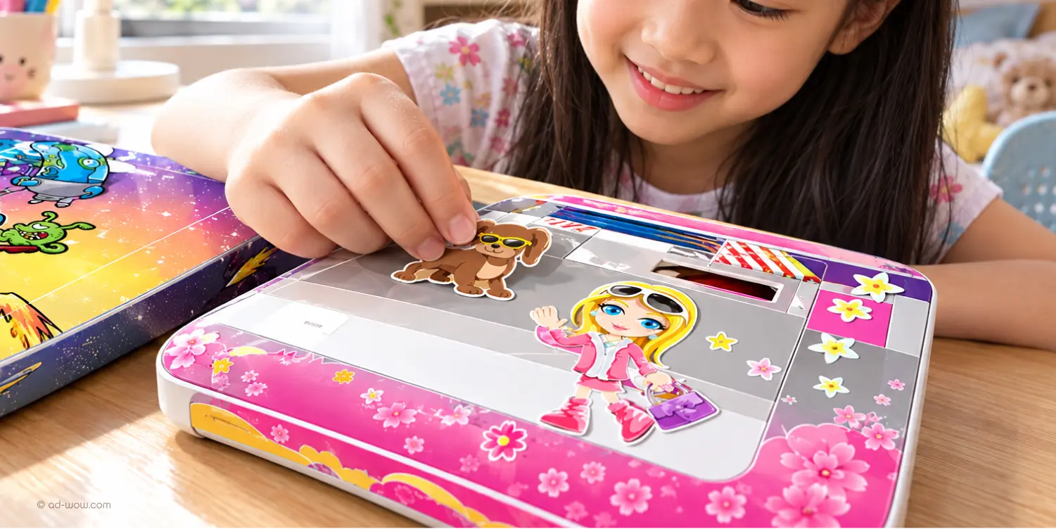 Girl placing a puppy sticker on a pink fashion-themed Philips digital audio device, ADWOW sticker design
